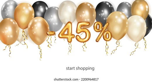 Discount creative illustration with white, black and gold helium flying balloons and golden foil numbers. 45 percent off. Sale poster with special offer on white background