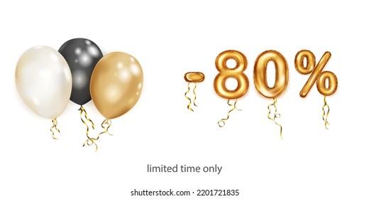Discount creative illustration with white, black and gold helium flying balloons and golden foil numbers. 80 percent off. Sale poster with special offer on white background