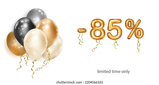 Discount creative illustration with white, black and gold helium flying balloons and golden foil numbers. 85 percent off. Sale poster with special offer on white background