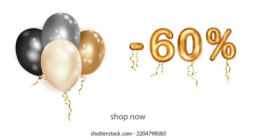 Discount creative illustration with white, black and gold helium flying balloons and golden foil numbers. 60 percent off. Sale poster with special offer on white background