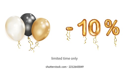 Discount creative illustration with white, black and gold helium flying balloons and golden foil numbers. 10 percent off. Sale poster with special offer on white background