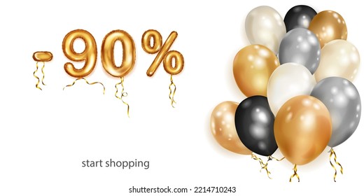 Discount creative illustration with white, black and gold helium flying balloons and golden foil numbers. 90 percent off. Sale poster with special offer on white background