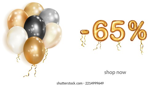 Discount creative illustration with white, black and gold helium flying balloons and golden foil numbers. 65 percent off. Sale poster with special offer on white background