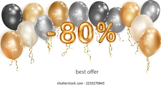 Discount creative illustration with white, black and gold helium flying balloons and golden foil numbers. 80 percent off. Sale poster with special offer on white background