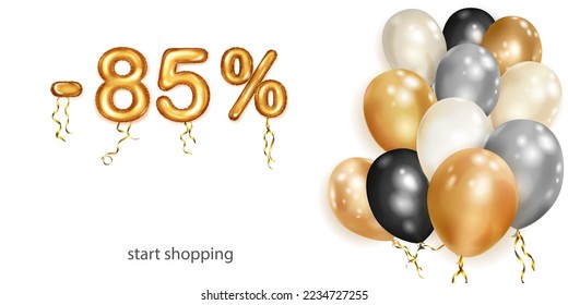Discount kreative Illustration mit weißen, schwarzen und goldenen Helium fliegenden Ballons und goldenen Foliennummern. 85 Prozent Rabatt. Verkaufsposter mit Sonderangebot auf weißem Hintergrund