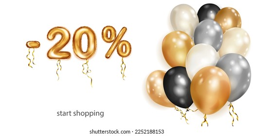 Discount creative illustration with white, black and gold helium flying balloons and golden foil numbers. 20 percent off. Sale poster with special offer on white background