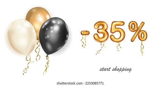 Descubre la ilustración creativa con globos voladores de helio blancos, negros y dorados y números de hojas doradas. 35% de descuento. Cartel de venta con oferta especial sobre fondo blanco