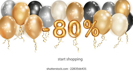 Discount creative illustration with white, black and gold helium flying balloons and golden foil numbers. 80 percent off. Sale poster with special offer on white background