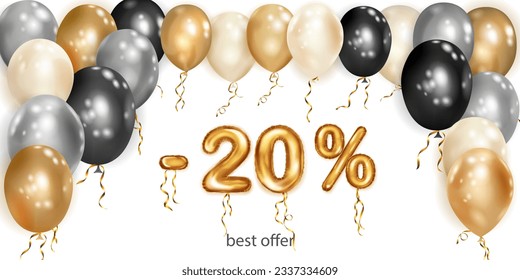 Discount creative illustration with white, black and gold helium flying balloons and golden foil numbers. 20 percent off. Sale poster with special offer on white background