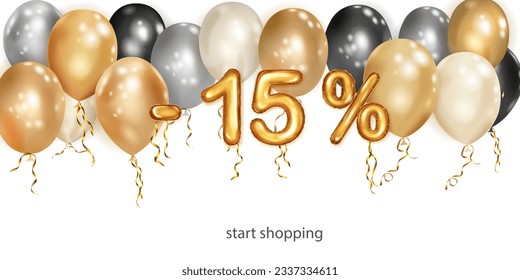 Discount creative illustration with white, black and gold helium flying balloons and golden foil numbers. 15 percent off. Sale poster with special offer on white background