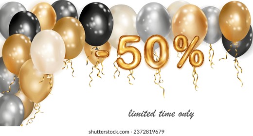 Discount creative illustration with white, black and gold helium flying balloons and golden foil numbers. 50 percent off. Sale poster with special offer on white background