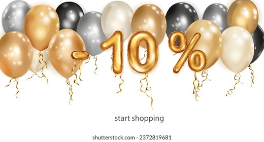 Descubre la ilustración creativa con globos voladores de helio blancos, negros y dorados y números de hojas doradas. 10% de descuento. Cartel de venta con oferta especial sobre fondo blanco