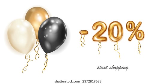 Discount creative illustration with white, black and gold helium flying balloons and golden foil numbers. 20 percent off. Sale poster with special offer on white background