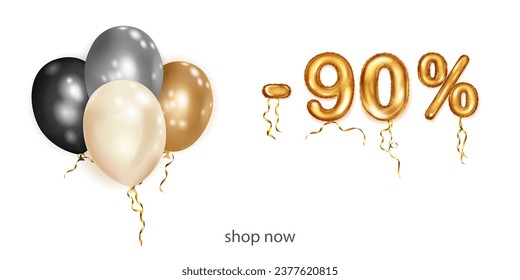 Discount creative illustration with white, black and gold helium flying balloons and golden foil numbers. 90 percent off. Sale poster with special offer on white background