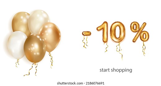 Discount creative illustration with white and gold helium flying balloons and golden foil numbers. 10 percent off. Sale poster with special offer on white background