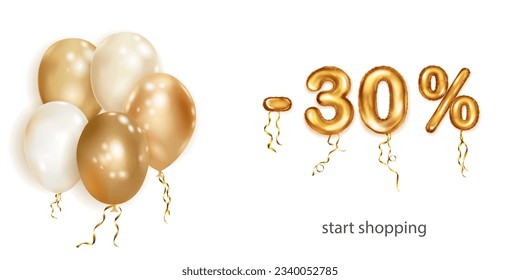 Discount creative illustration with white and gold helium flying balloons and golden foil numbers. 30 percent off. Sale poster with special offer on white background