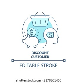 Discount Customer Turquoise Concept Icon. Loyalty Program. Type Of Business Clients Abstract Idea Thin Line Illustration. Isolated Outline Drawing. Editable Stroke. Arial, Myriad Pro-Bold Fonts Used