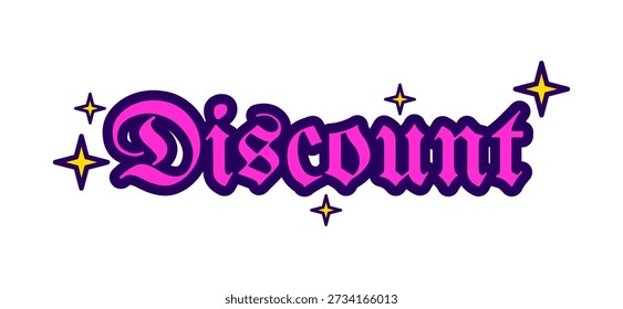 Discount cute gothic pink sticker isolated. Vintage anime aesthetic. Sale promotion. Store promo. Special deal. Badge label. Emblem tag. Bold typography. Flat vector illustration. Decorative element