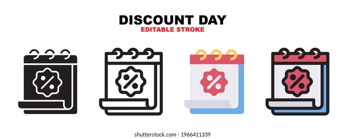 Juego de iconos Día de descuento con estilos diferentes. Iconos diseñados en color relleno, contorno, plano, glifo y línea. Actrazo editable y píxel perfecto. Se puede usar para web, móvil, ui y más.