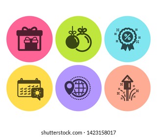 Discount, Delivery boxes and Travel calendar icons simple set. World travel, Christmas ball and Fireworks signs. Sale shopping, Birthday gifts. Holidays set. Flat discount icon. Circle button. Vector