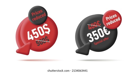 Discount digital label, 3d round shape with arrow down, reduce price tag, red and black isolated