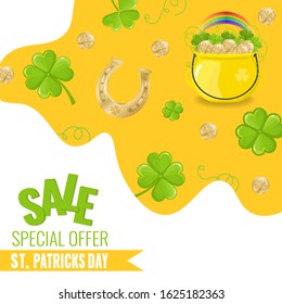 Discount dynamic modern fluid Banner for Saint Patricks day with four-leaf clovers, gold coins and horseshoe. Stock Vector image for advertising, web banner, printing.