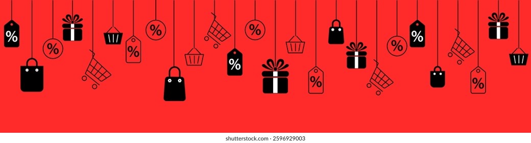 Discount elements hanging on a red background, Discounts in an online store shopping icons on a red background