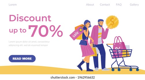 Plantilla de página web de publicidad de eventos de descuento con caracteres shoppers, ilustración vectorial de dibujos animados planos. Descuento y venta en tienda online o en la web de la tienda de Internet.