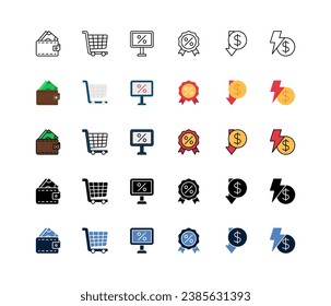 Juego de iconos de evento de descuento, viernes negro