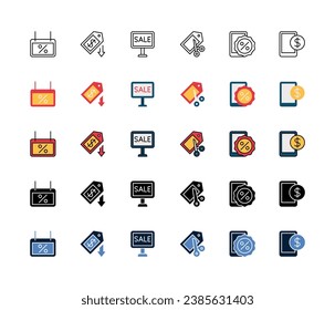 Juego de iconos de evento de descuento, lunes cibernético