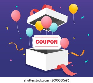 A discount event where coupons come to mind with balloons illustration set. gift box, ticket, confetti, firecracker, paper flower. Vector drawing. Hand drawn style.