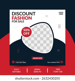 discount fashion sale social media post design with shop button, editable promo banner, and  fashion sale social media post