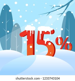 A discount fifteen percent. Figures in the snow against the backdrop of the winter forest. Vector illustration