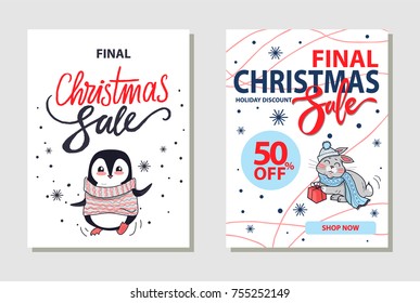 Discount and final Christmas sale, shop now, penguin wearing sweater and rabbit sitting with present, images and headlines on vector illustration