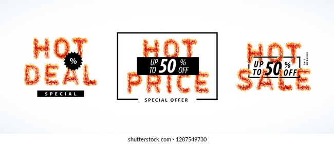 Discount fire letters set. Hot deals, special offer price and super sale depicting flame pattern. Labels to promote your business. Vector illustration