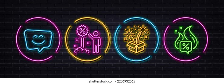 Discount, Fireworks and Smile face minimal line icons. Neon laser 3d lights. Hot offer icons. For web, application, printing. Sale shopping, Pyrotechnic salute, Chat. Sale discount. Vector