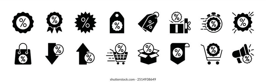 Discount flat icon vector set. Containing up and down percentage, label, price tag, coupon, special promo, promotion, fast offer, sale product, sell, sticker, badge, shopping tag, cart, pricing