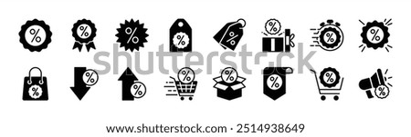 Discount flat icon vector set. Containing up and down percentage, label, price tag, coupon, special promo, promotion, fast offer, sale product, sell, sticker, badge, shopping tag, cart, pricing