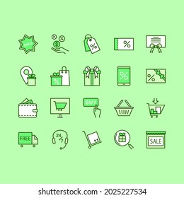 Discount flat line icons set. Included icons as sale, badge, coupon, cash back, shopping cart, delivery, gift and more. Simple flat vector illustration for web site or mobile app.