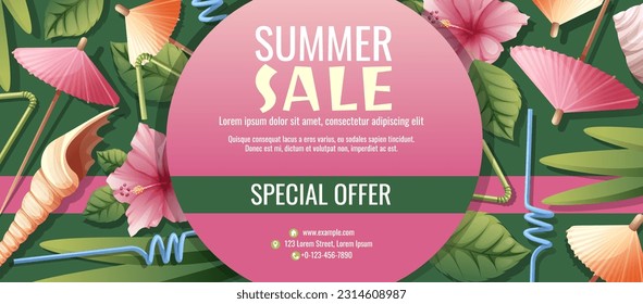 Discount flyer template with coconut cocktail, umbrellas and hibiscus flowers. Coupon for summer discounts