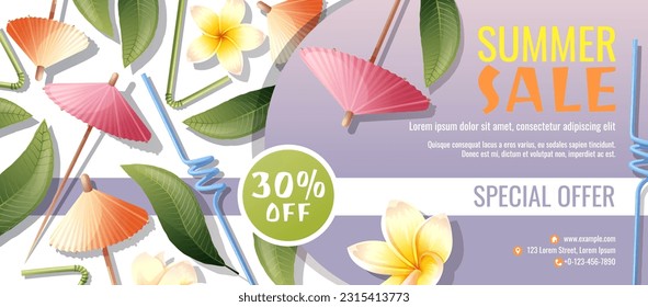 Discount flyer template with coconut cocktail, umbrellas and frangipani flowers. Coupon for summer discounts