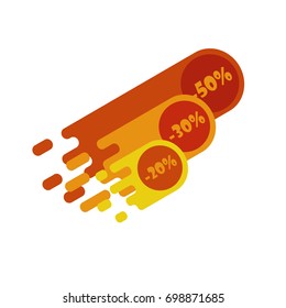 Discount in the form of soaring fiery meteorites for minus twenty, thirty and fifty on a white background