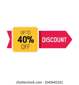 Discount, forty percent lettering on red ribbon with yellow sticker. Inscription can be used for leaflets, posters, banners.