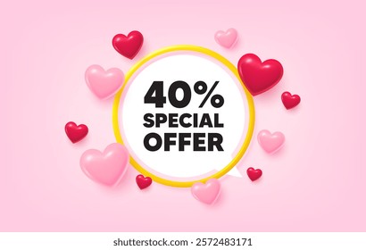 Discount frame banner. Speech bubble offer. 40 percent discount offer tag. Sale price promo sign. Special offer symbol. 3d hearts love tag. Golden frame banner. Vector