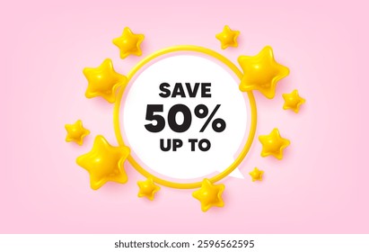 Discount frame banner. Speech bubble offer. Save up to 50 percent tag. Discount Sale offer price sign. Special offer symbol. 3d stars glitter tag. Golden frame banner. Vector