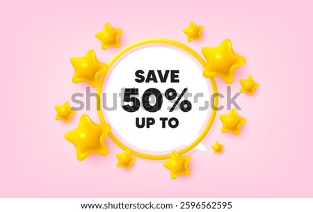 Discount frame banner. Speech bubble offer. Save up to 50 percent tag. Discount Sale offer price sign. Special offer symbol. 3d stars glitter tag. Golden frame banner. Vector