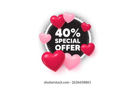Discount frame love banner. Circle photo frame. 40 percent discount offer tag. Sale price promo sign. Special offer symbol. 3d hearts balloons. Grain dots pattern. Vector