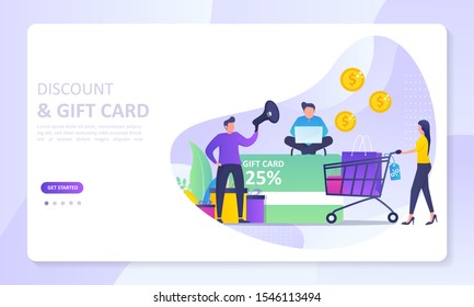 Discount & Gift Card concept design, people getting cash rewards and gift from online shopping, Suitable for web landing page, ui, mobile app, banner template. Vector Illustration