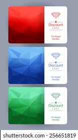 Discount gift cards set. Abstract mosaic background - red, blue,green.