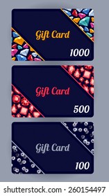 Discount gift cards set. Abstract colorful gemstones jewelry background.